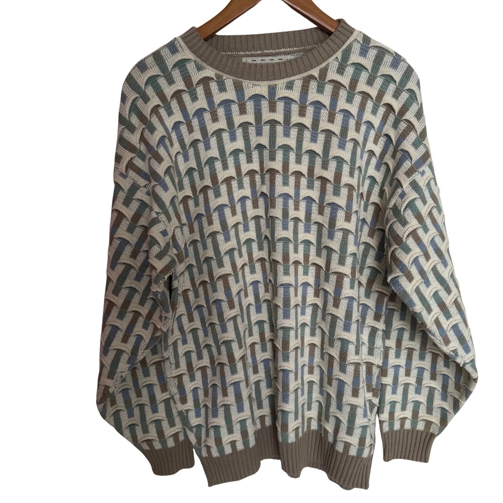 Crossings Vintage 3D Textured Knit Sweater Mens Medium Tan Blue Basketweave M